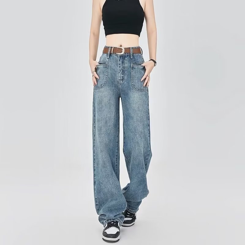 Autumn New Slimming and Wide Leg Jeans Women's High Waist plus Size Mopping Floor Loose Retro All-Matching Straight Long Pants Fashion