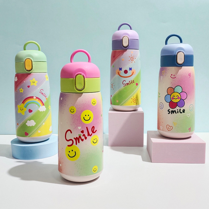 Factory Direct Sales Cross-Border 316 Stainless Steel Thermos Cup Solid Color Handle Cover Cartoon Colorful Smiley Face Rainbow Big Belly Cup