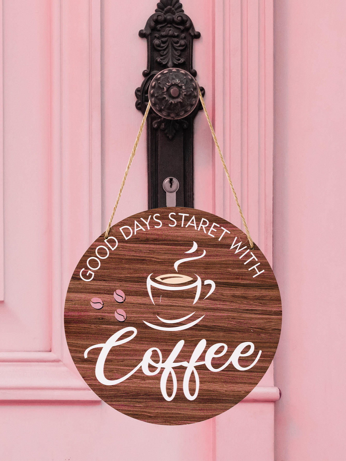 跨境乡村风hello前门装饰咖啡圆形欢迎木质挂牌 木制悬挂门牌标志