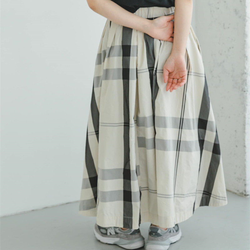 23 Spring and Summer Cotton and Linen Town U * R Plaid Elastic Waist A- line Skirt Deep Artistic Loose Mid-Length Skirt