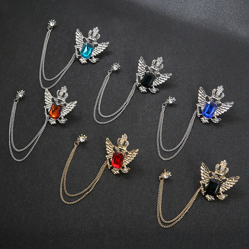 amazon hot sale crown eagle black gem chain brooch multicolor gem men‘s classic corsage suit accessories