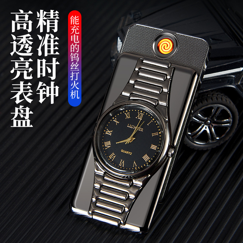hf32个性usb防风电热丝充电打火机走时准确真手表下拉点火点烟器