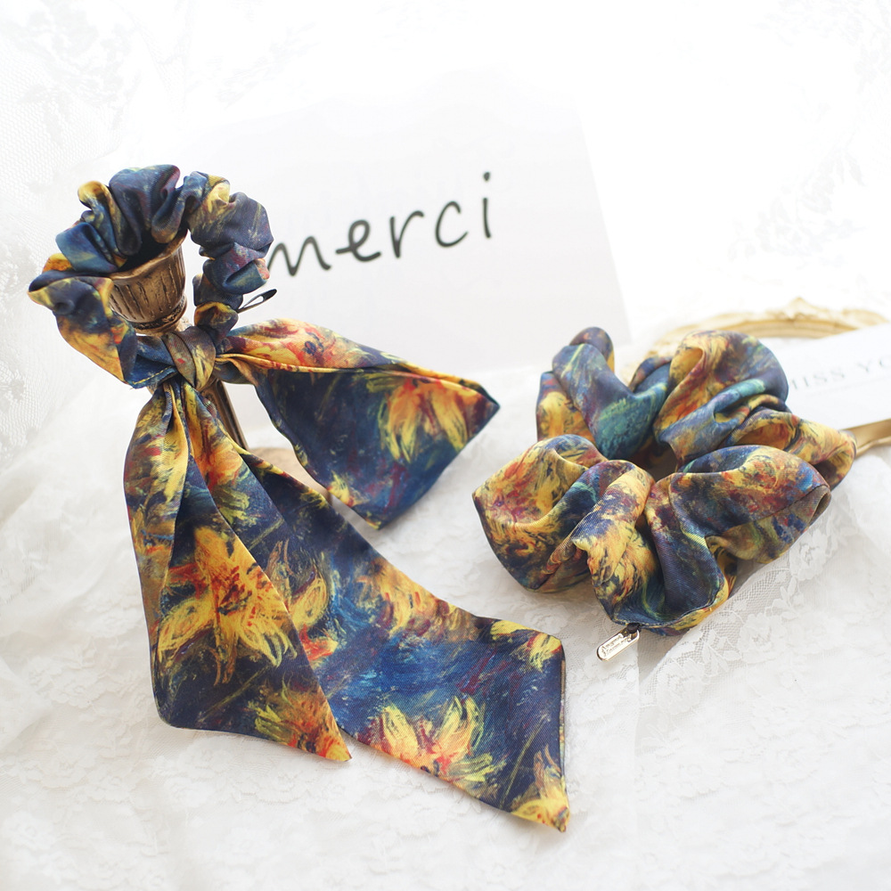 French Style Vintage Hair Accessories Ins Jardin Monet Satin Large Intestine Ring Streamer Hair Tie Bow Hair Rope Silk Scarf Headdress