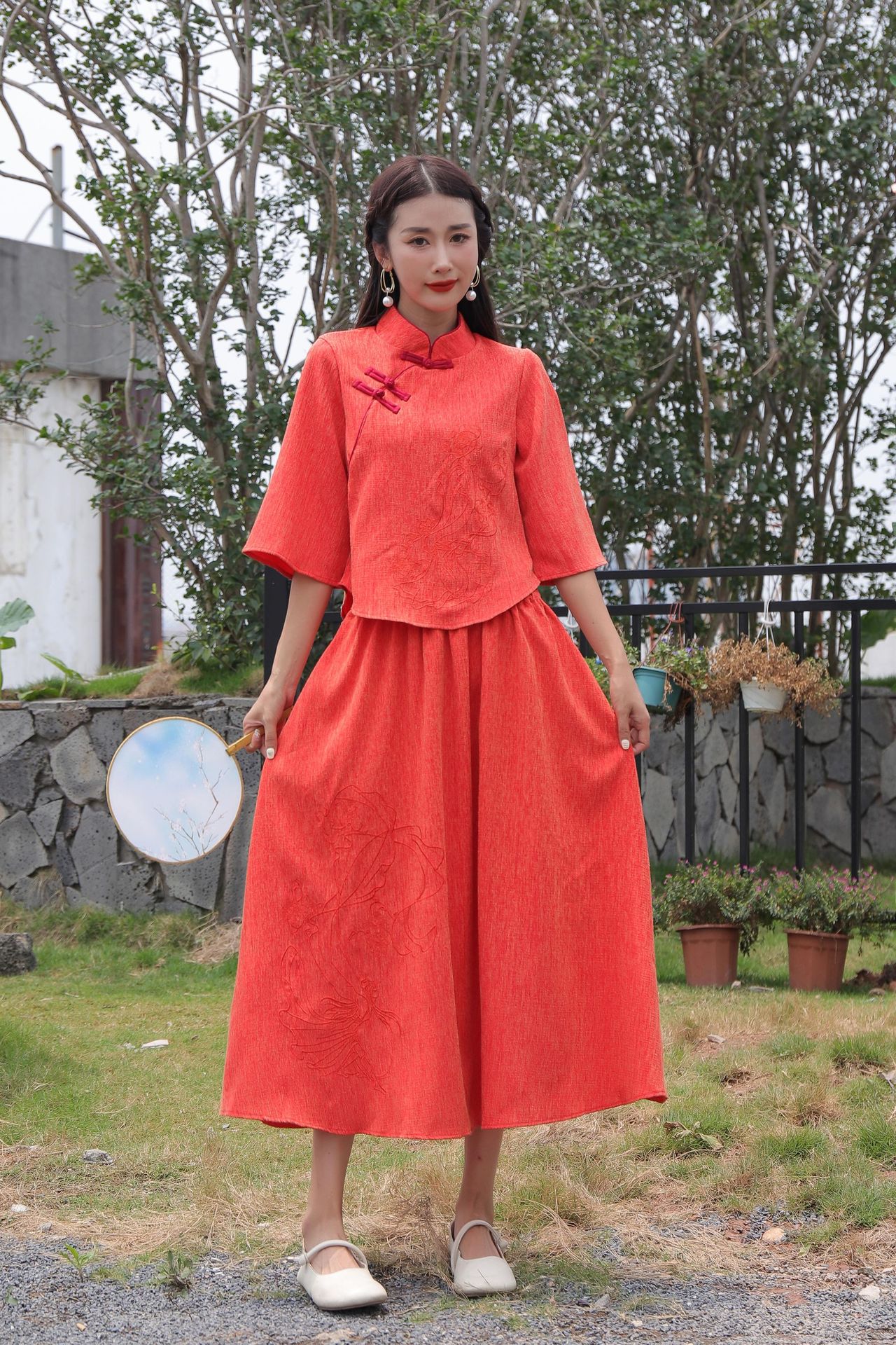 夏季新款改良民国女装复古文艺中国风七分袖立领上衣套装裙唐装女