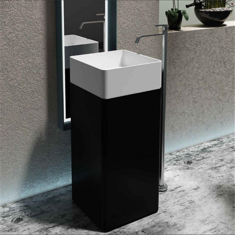 人造石立柱盆方形黑色洗手盆酒店工程别墅一体成型落地式洗脸台盆