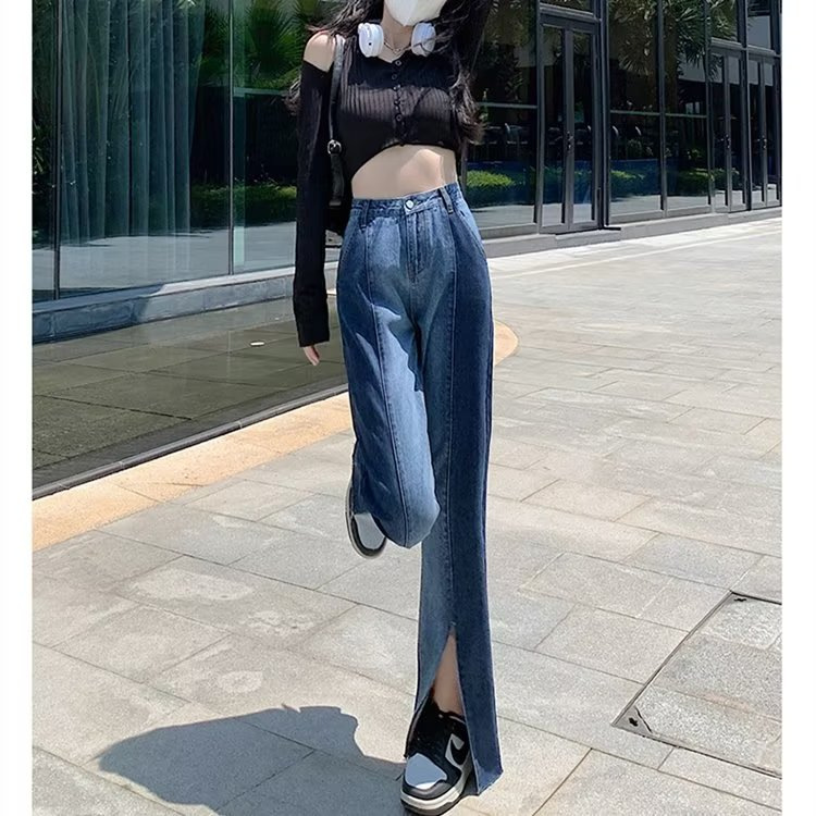 Jeans Loose Wide Leg Draping Effect Women's New Straight High Waist Slimming Slit Blue Personality Mop Pants Fashion