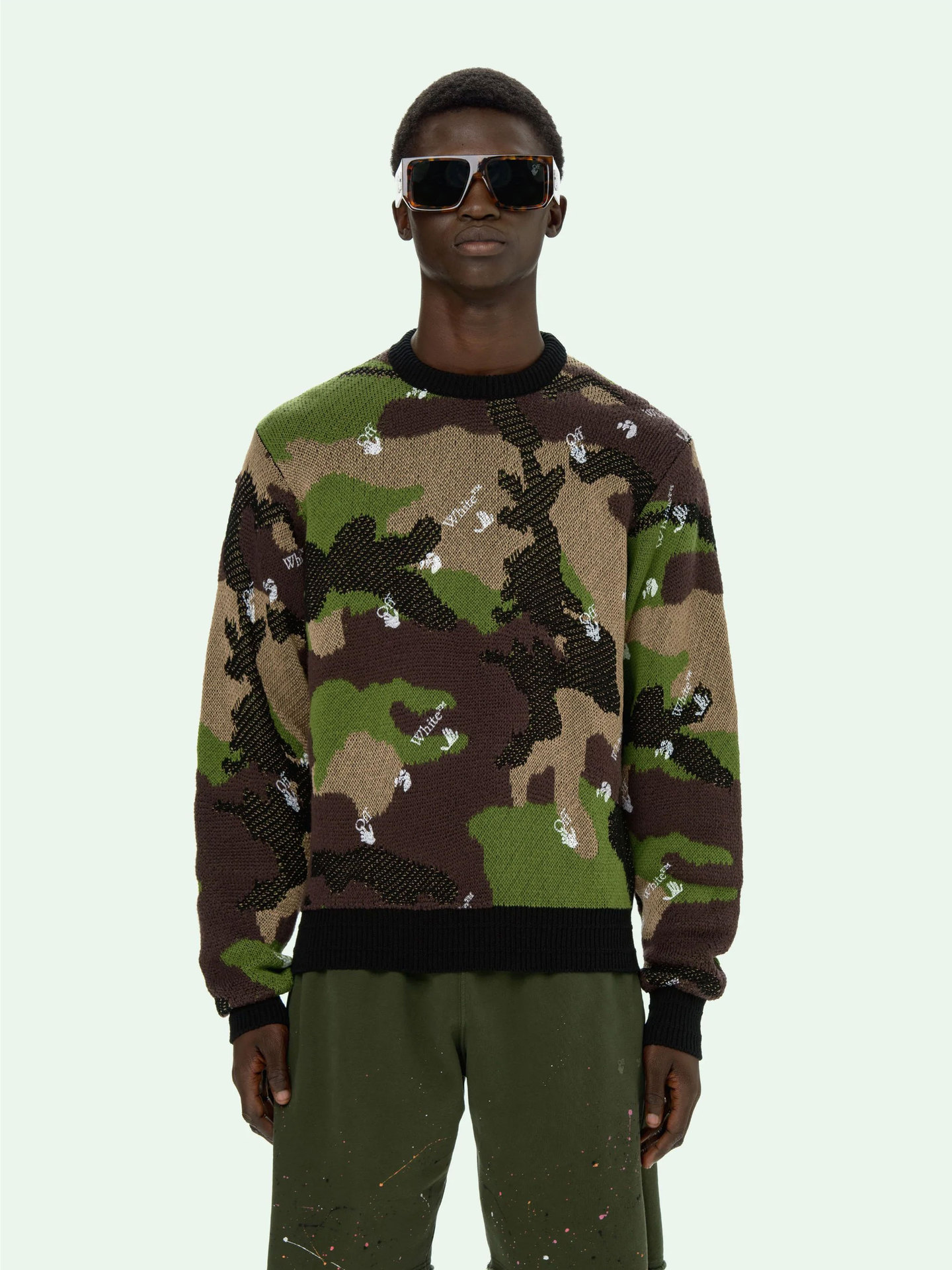 2021秋冬新款ow潮牌绿色迷彩针织衫毛衣男女同款情侣潮流上衣批发