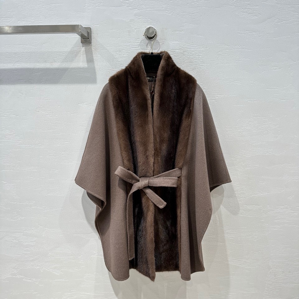 进口丹麦小母貂整貂纯羊绒斗篷配腰带设计感皮草外套立体剪裁宽松
