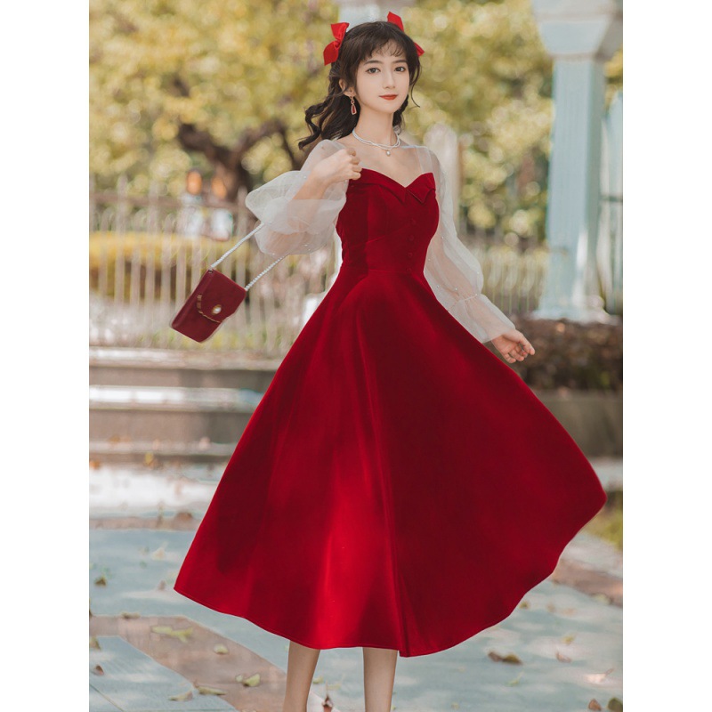 6281#实拍现货 红色敬酒服订婚丝绒长袖连衣裙礼服-阿里巴巴