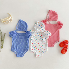 韩版夏季新款童装婴幼儿泳衣泳帽包屁哈衣女宝宝游泳沙滩衣 泳装