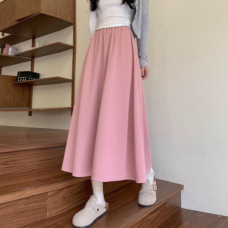 细条针织半身裙女春夏高腰a字大裙摆百褶裙宽松显瘦中长款长裙子