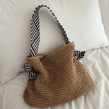 韩风ins草编包新款手工编织腋下包百搭海军蓝包带手提单肩编织包