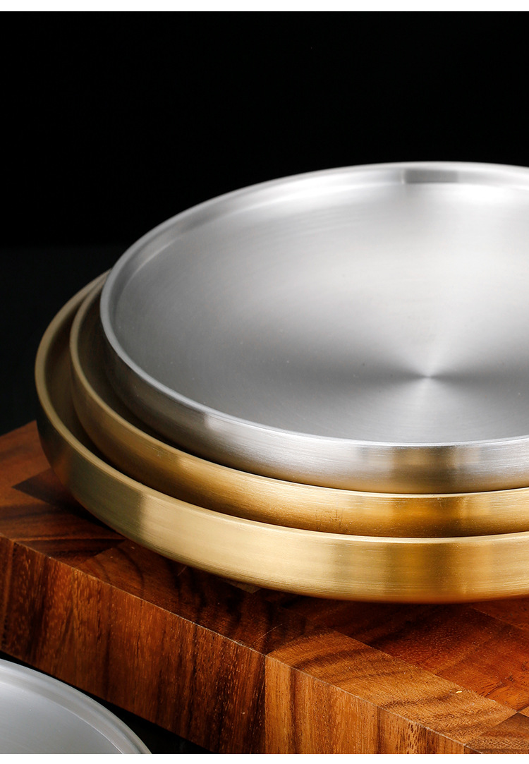 韩式304不锈钢烤肉盘家用双层防烫圆盘金色泡菜碟料理凉菜小吃碟