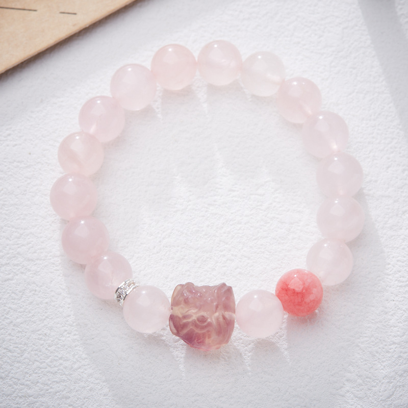 设计款10mm粉晶手串红纹石醒狮 diy手链国潮复古风饰品送闺蜜礼物