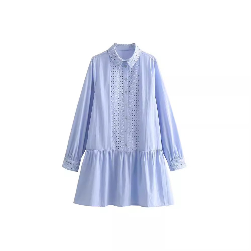 zadata女装新款设计感小清新翻领长袖镂空刺绣迷你连衣裙 2492053