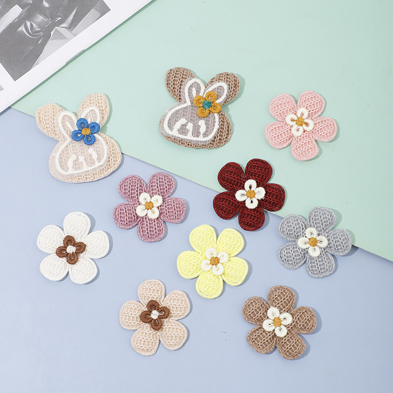 hot selling product headwear accessories flower decorative cloth stickers diy woven two-color five-leaf flower knitted cloth stickers