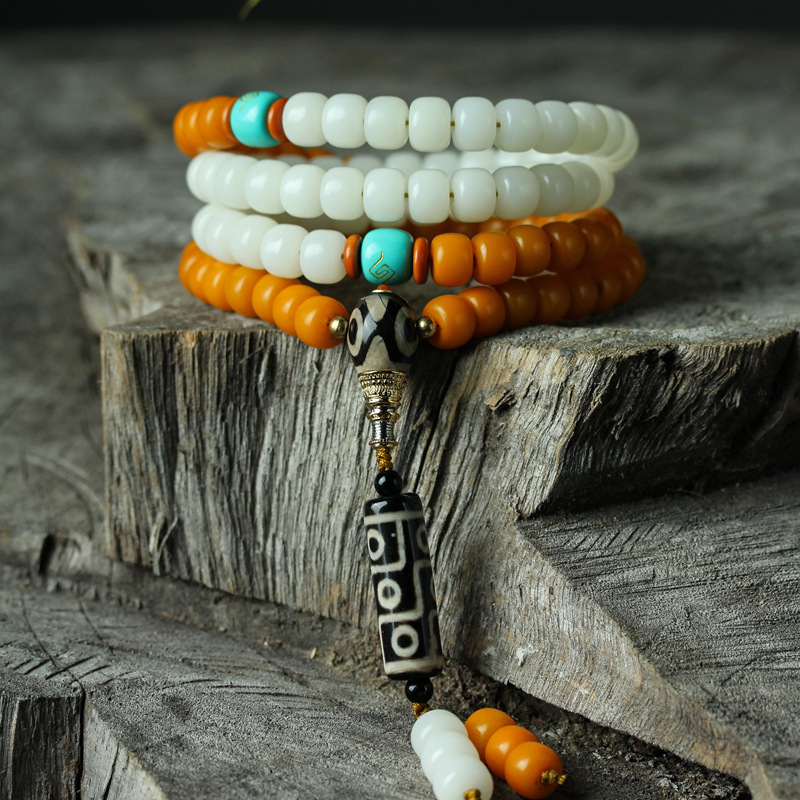 海南白玉菩提根108颗 双拼色风化黄桶珠男女款佛珠搭配玛瑙天珠