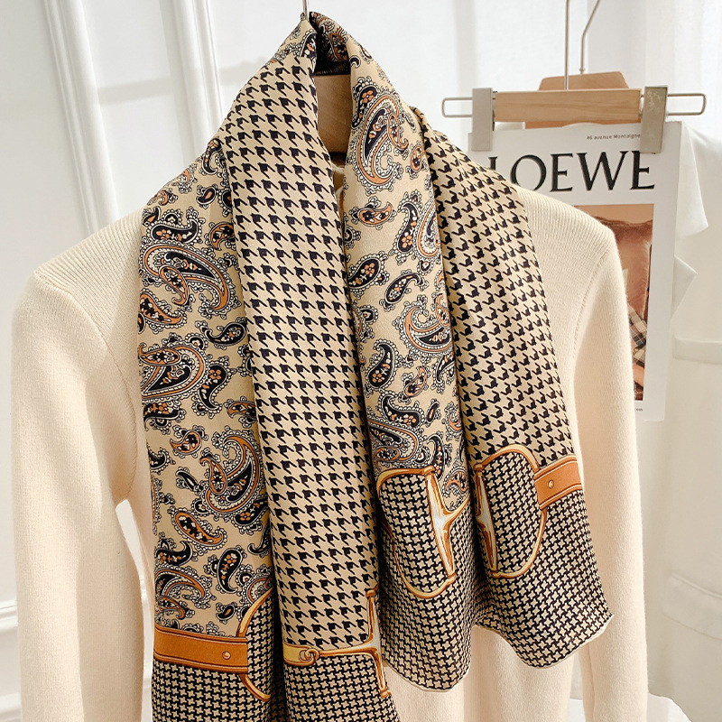 香槟色拼接腰果花千鸟格丝巾100%桑蚕丝方巾女披肩高档真丝丝巾女