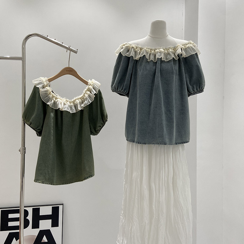 韩系甜美减龄气质一字领牛仔衬衣女夏季2024年新款泡泡袖上衣小衫