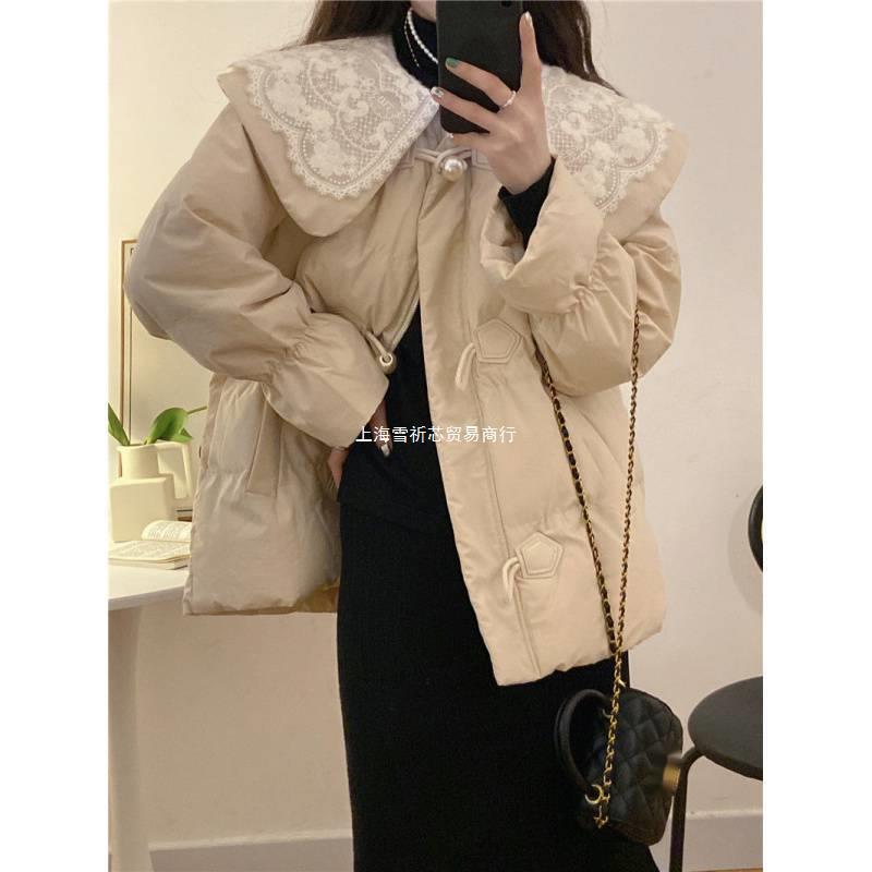 Cotton Clothing Lace Peter Pan Collar Design Sense Cotton Coat Jacket Women's Clothing Winter 2023 New Cute Youth-Looking Loose Long Sleeve