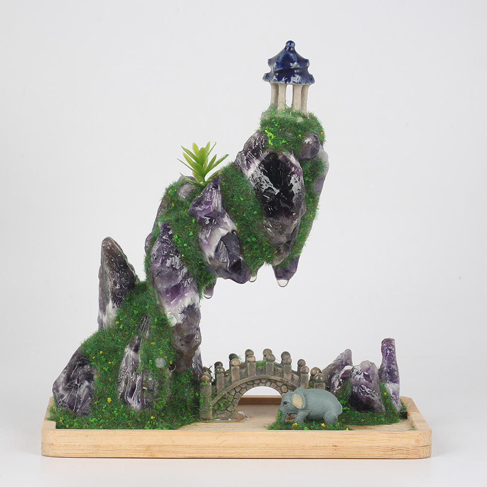 紫水晶摆件风水假山装饰品客厅电视柜观赏微观卡通大象凉亭摆饰