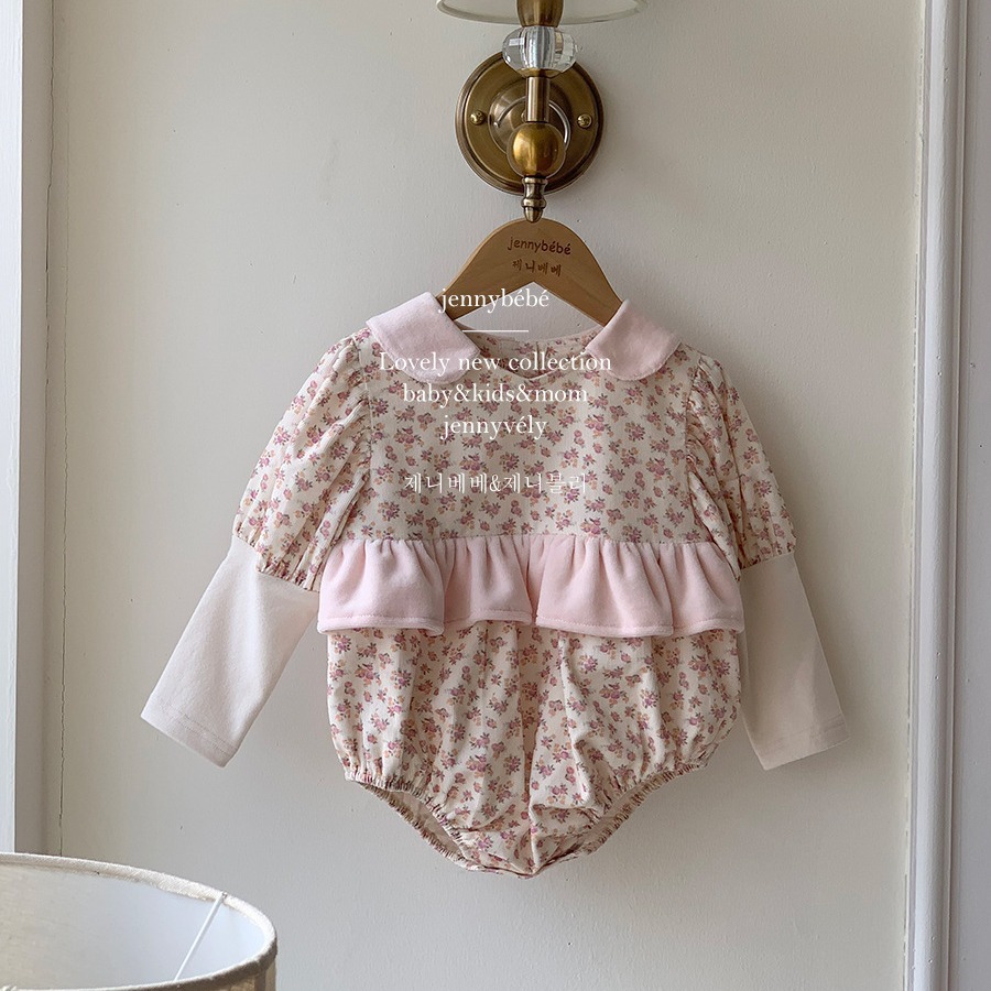 {jennybebe}秋冬婴儿韩版碎花连体哈衣女宝宝甜美娃娃领公主爬服