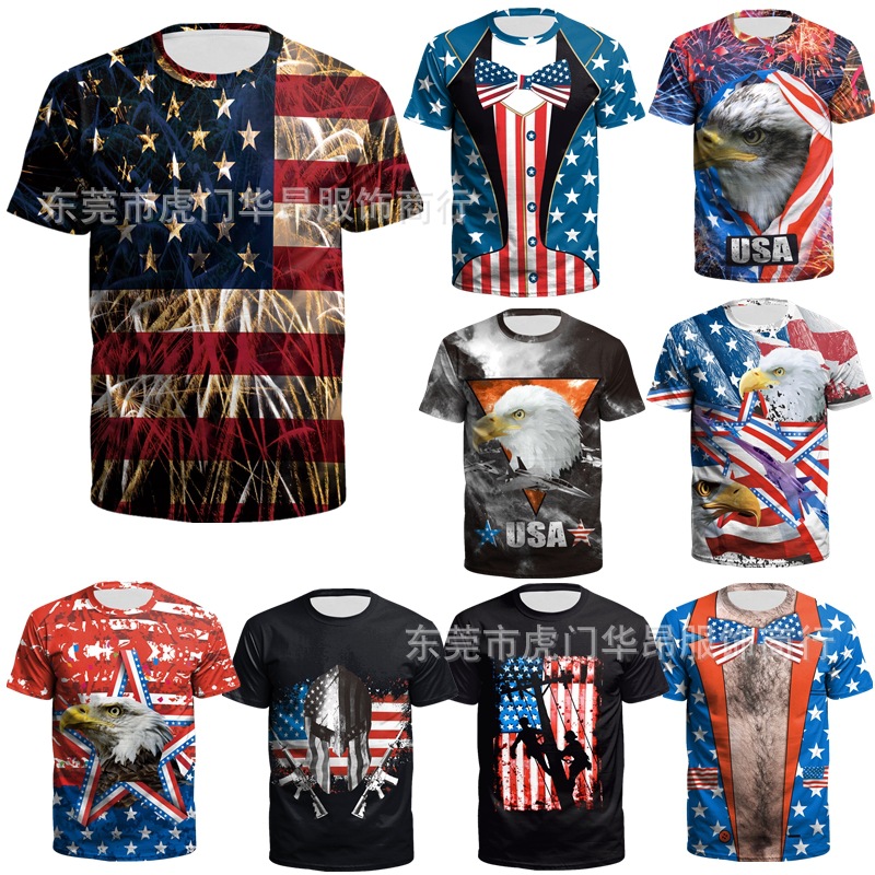 欧美新款1776年7月4日美国usa独立日圆领短袖数码印花休闲男士t恤