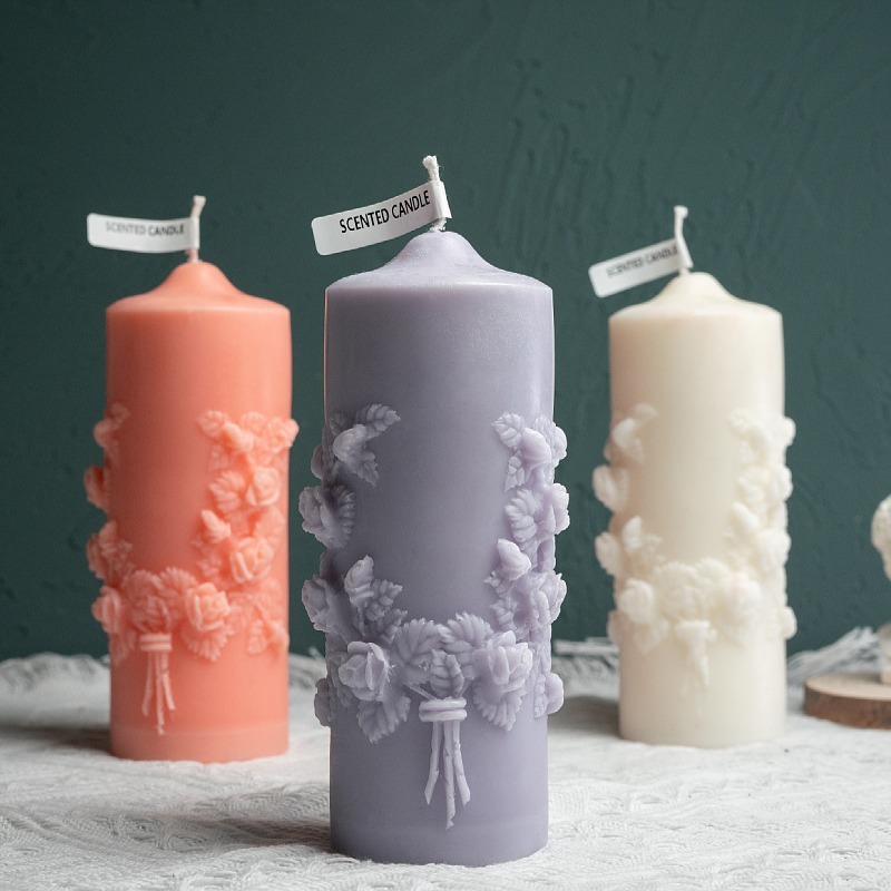 Embossed Rose Flower Column Aromatherapy Candle Foreign Trade Recommended Rose Relief Flower Ear Shape Candle