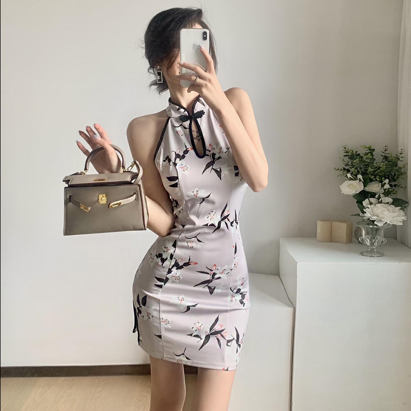 2022夏新款女装连衣裙性感复古印花开叉露背短款旗袍裙x3212