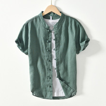 L994 纯色纯亚麻外套上衣男国潮原创中国风盘扣短袖衬衫 一件代发
