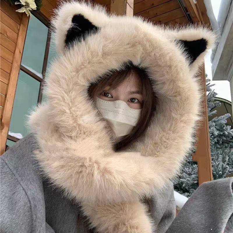 毛绒狐狸帽子女秋冬雷锋帽围巾一体大头围可爱小熊帽子秋冬骑车