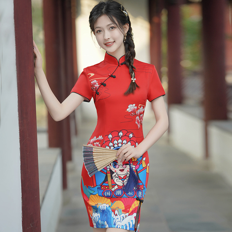 2024新款单层国潮少女短款印花改良旗袍四面弹修身学生装短裙