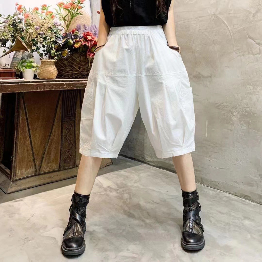 松紧大码冰棉六分短裤夏季中裤薄款宽松女裤复古凉爽哈伦休闲裤子