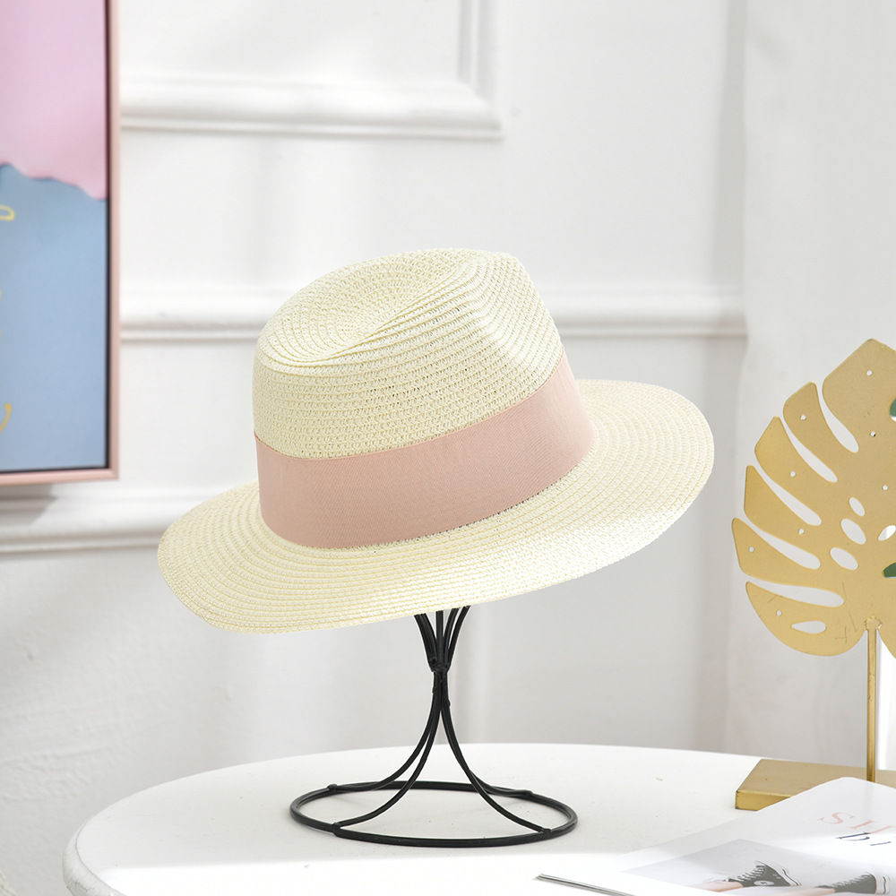 Hat Women's Korean-Style Hepburn Summer Wind Flat Top Hat Pearl Straw Hat Sun-Proof Beach Vacation Hat Women's