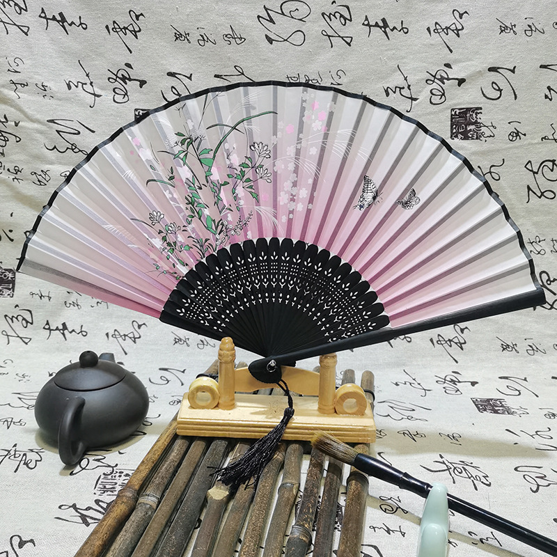 Japanese Folding Fan Antique Chinese Ancient Style Medium Long Handle Raw Silk Fan Craft Gift Ladies Dance Fan Factory Wholesale