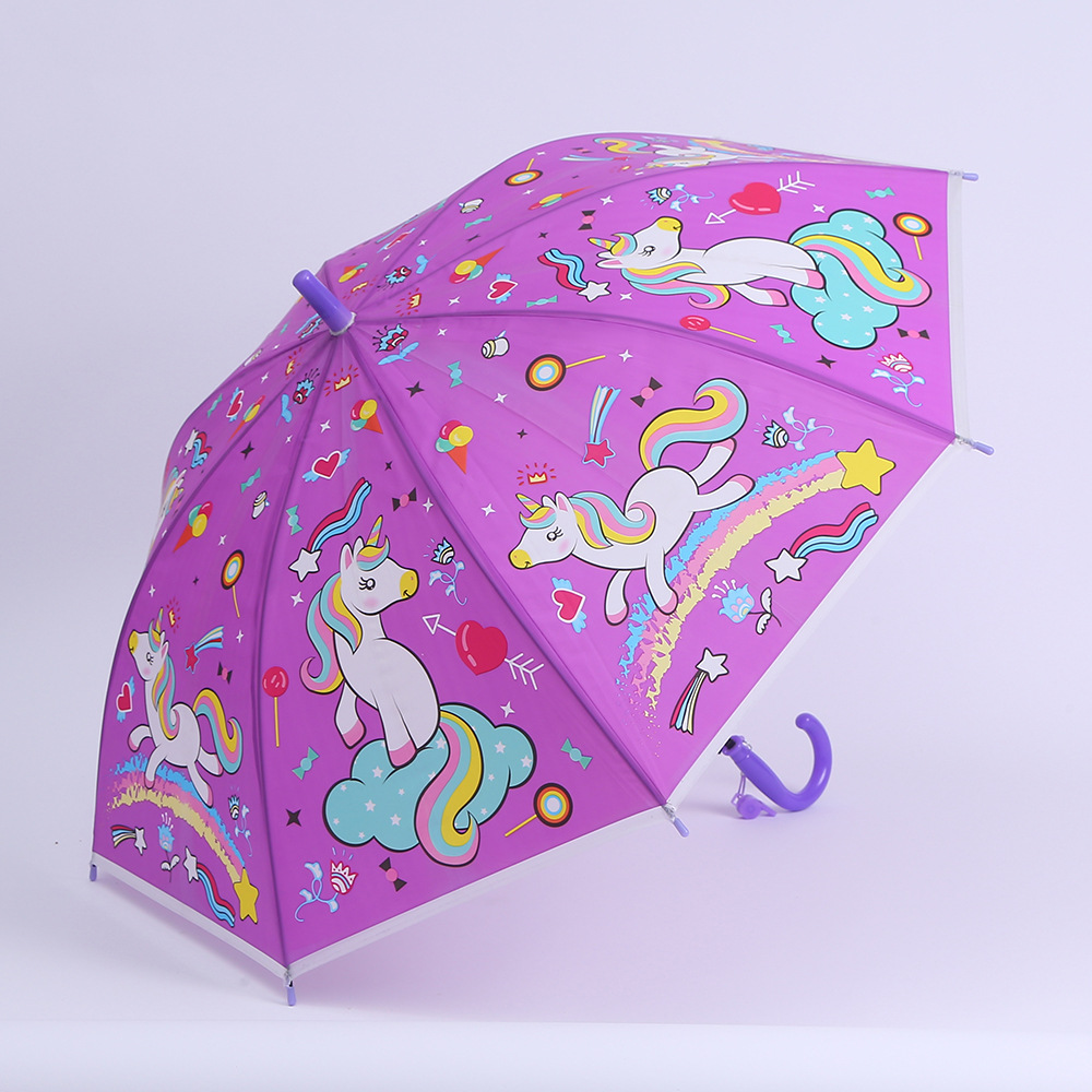 Children's Umbrella Creative Cute Cartoon Colorful 8-Bone Handle Unicorn Student Umbrella with Whistle Children Rain Gear