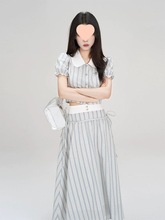 2024夏季新款韩版条纹清冷感撞色时尚百搭娃娃领衬衫半裙两件套润