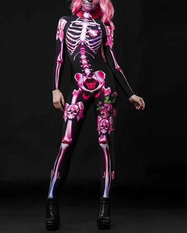 2023 Independent Station Wish Amazon New Halloween Skull Skeleton Printed Jumpsuit 2 Colors in Stock