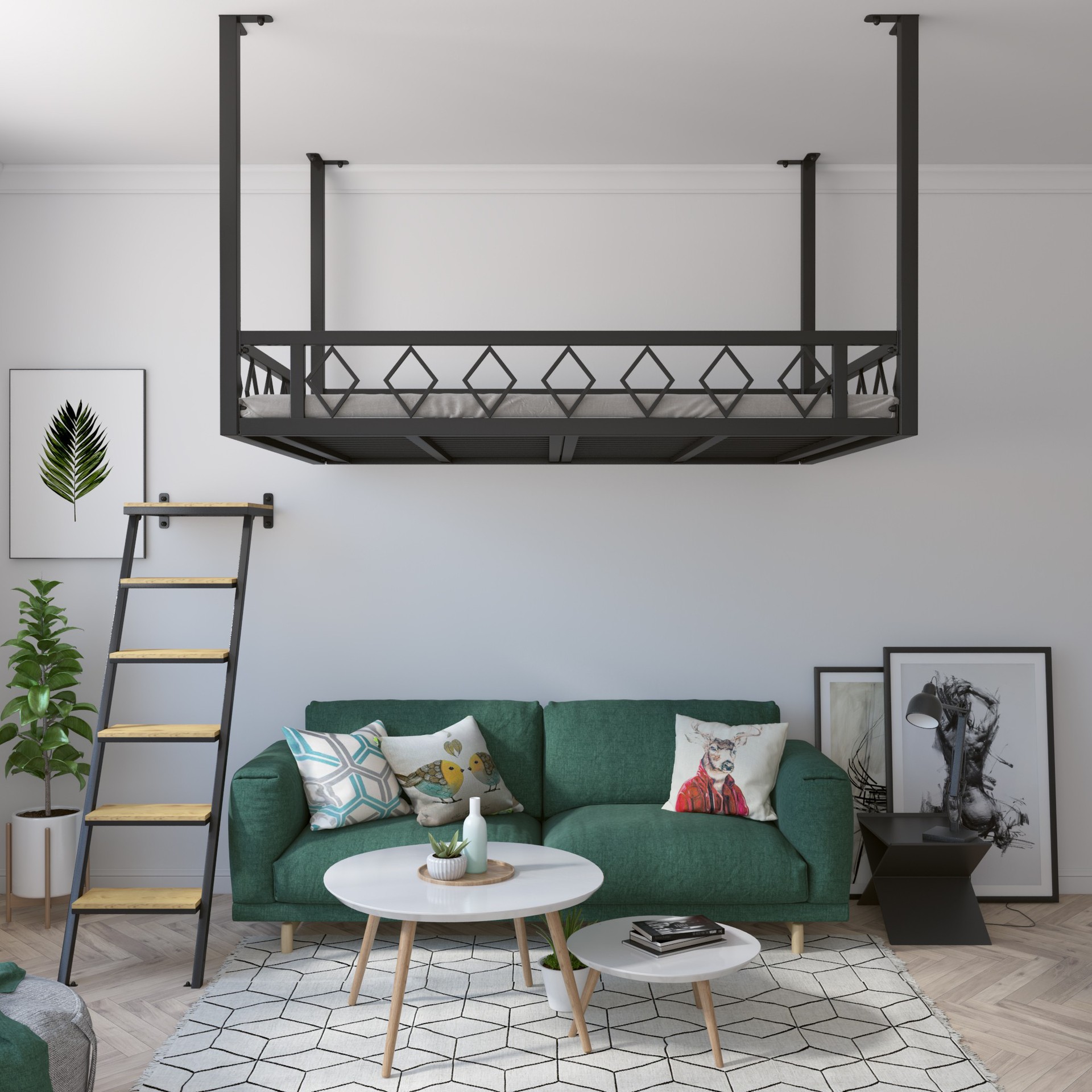 欧式铁艺吊床成年吊床多功能学生床现代简约楼阁公寓高架床挂壁床