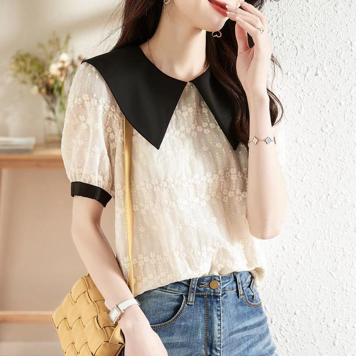 米色刺绣短袖娃娃领天丝上衣女夏季薄款森系仙气温柔雪纺衬衫小衫
