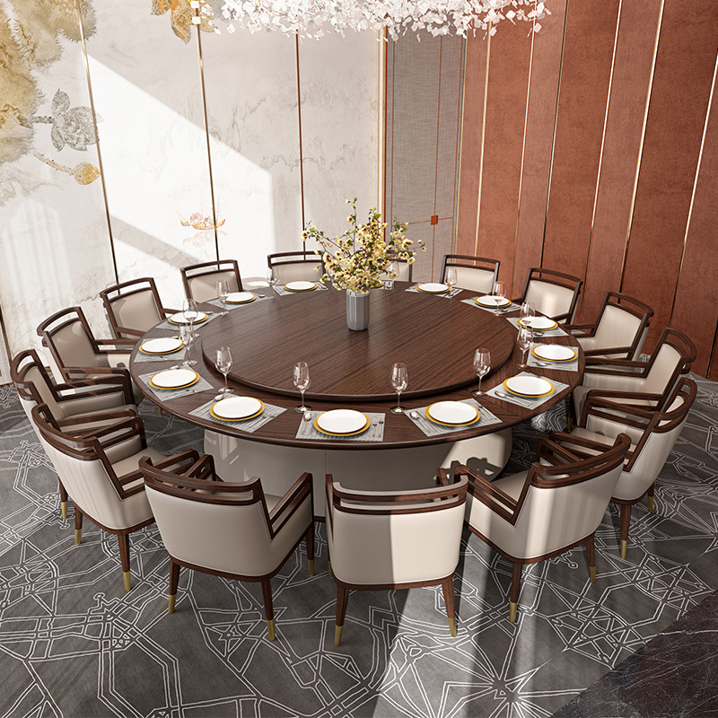 现代中式酒店包间餐桌椅组合会所圆形大餐桌电动转盘餐桌家具