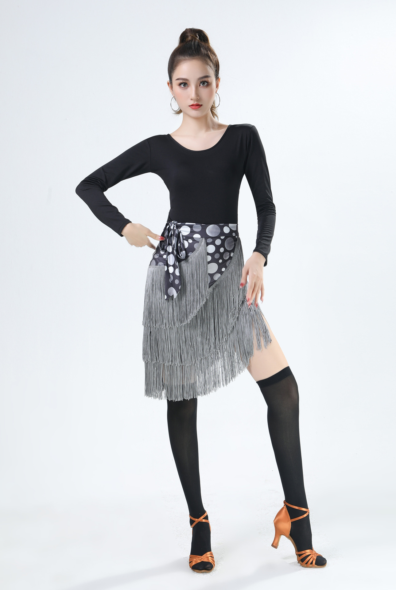 拉丁舞半身裙流苏臀巾练功服女短裙表演出服成人舞裙豹纹片裙下装
