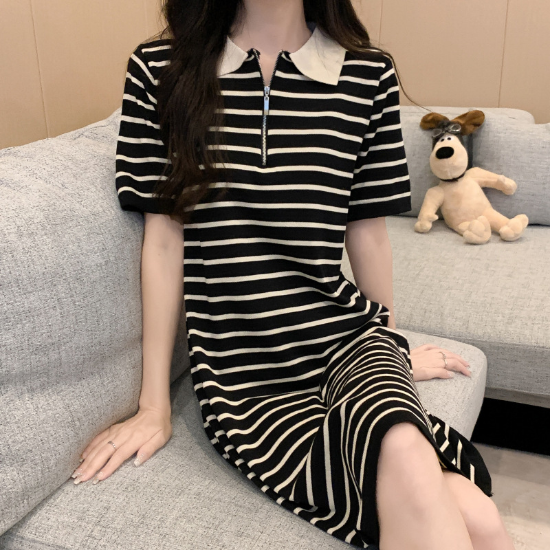 2023 Dress Summer Women's French Style Popular This Year Polo Collar Loose Striped All-Matching Knitted Short Skirt Fashion