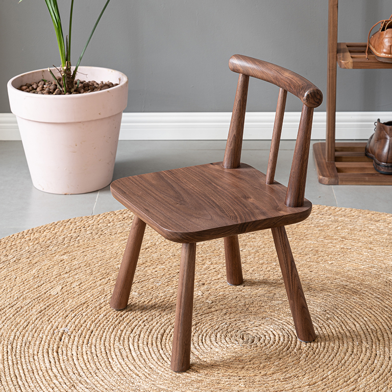 5v实木儿童带靠背小椅子门口换鞋木凳黑胡桃矮凳原木板凳宝宝椅防