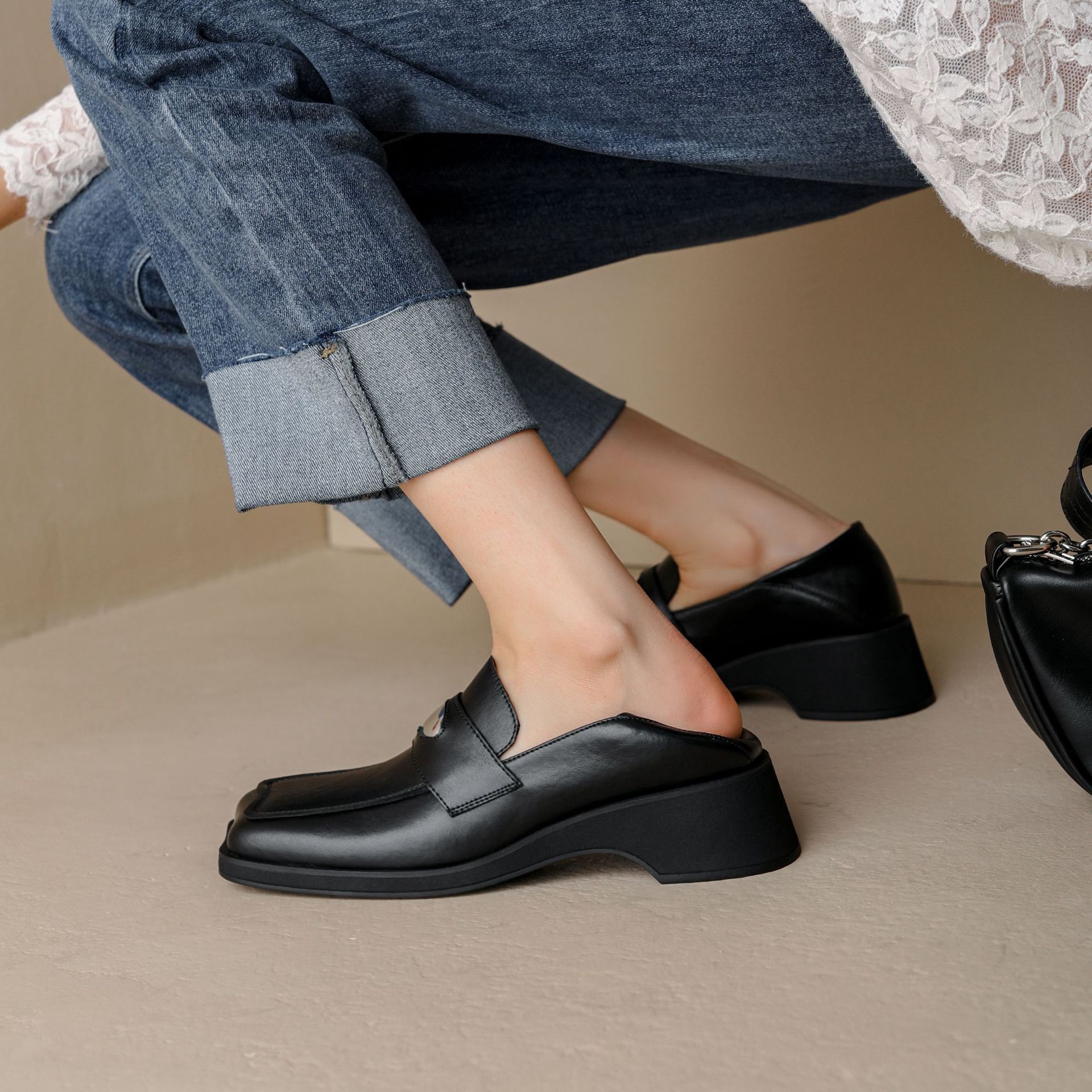 可踩跟两穿厚底方头玛丽珍乐福英伦小皮鞋女粗跟一脚蹬制服单鞋女