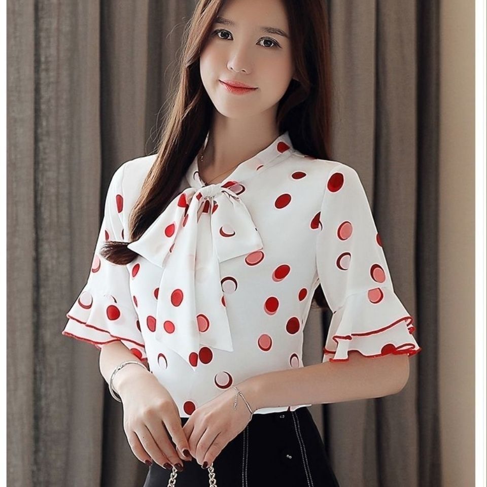 甜美衬衣夏季波点断袖上衣女装韩版荷叶娃娃领圆点衬衫短袖雪纺衫