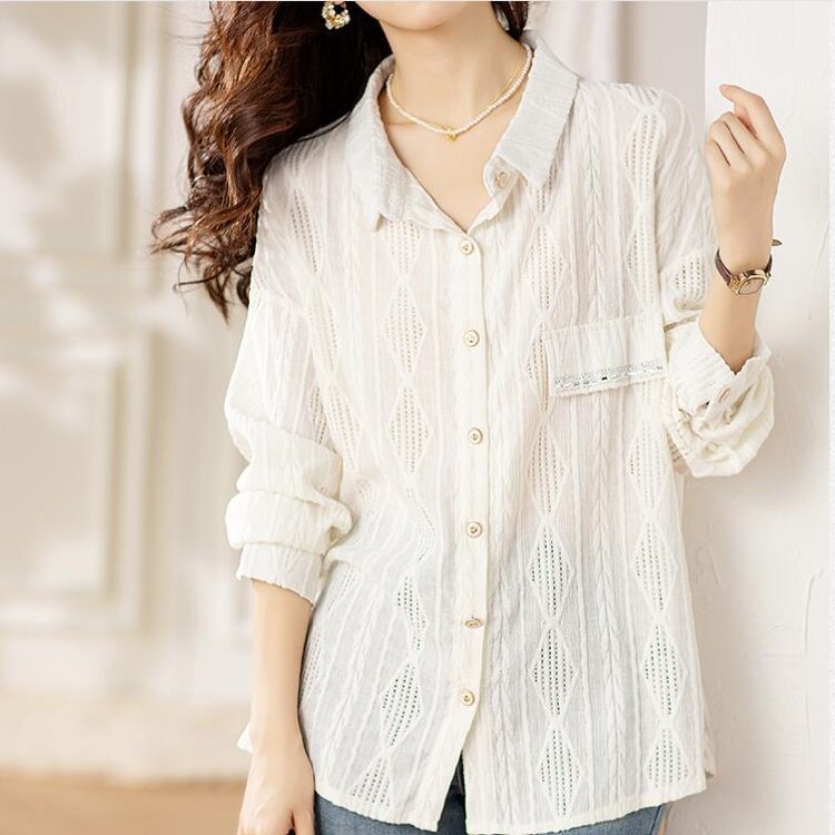 缕空蕾丝烫钻衬衫上衣宽松大码2024新款女装小衫-阿里巴巴