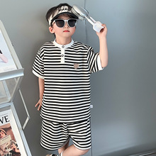 跨境儿童夏季男女童韩版黑白条纹上衣短裤宝宝洋气时尚短袖套装