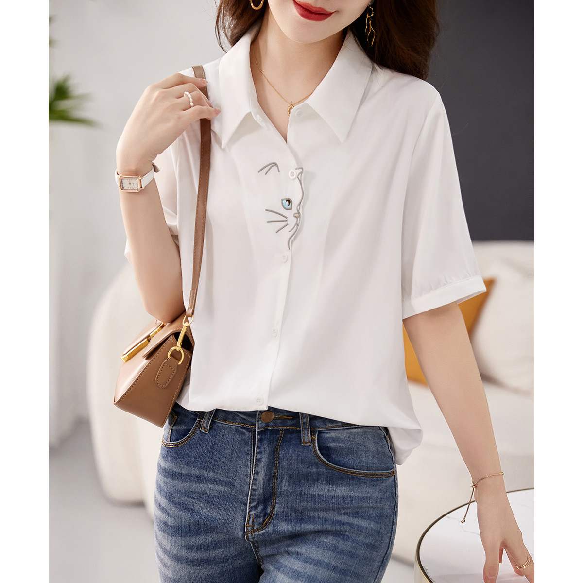 简约通勤风减龄猫猫绣花棉布衬衫2024年夏季新品休闲百搭衬衣女式