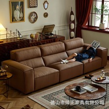 美式极简复古真皮沙发头层牛皮高靠背豆腐块组合大小户型客厅沙发